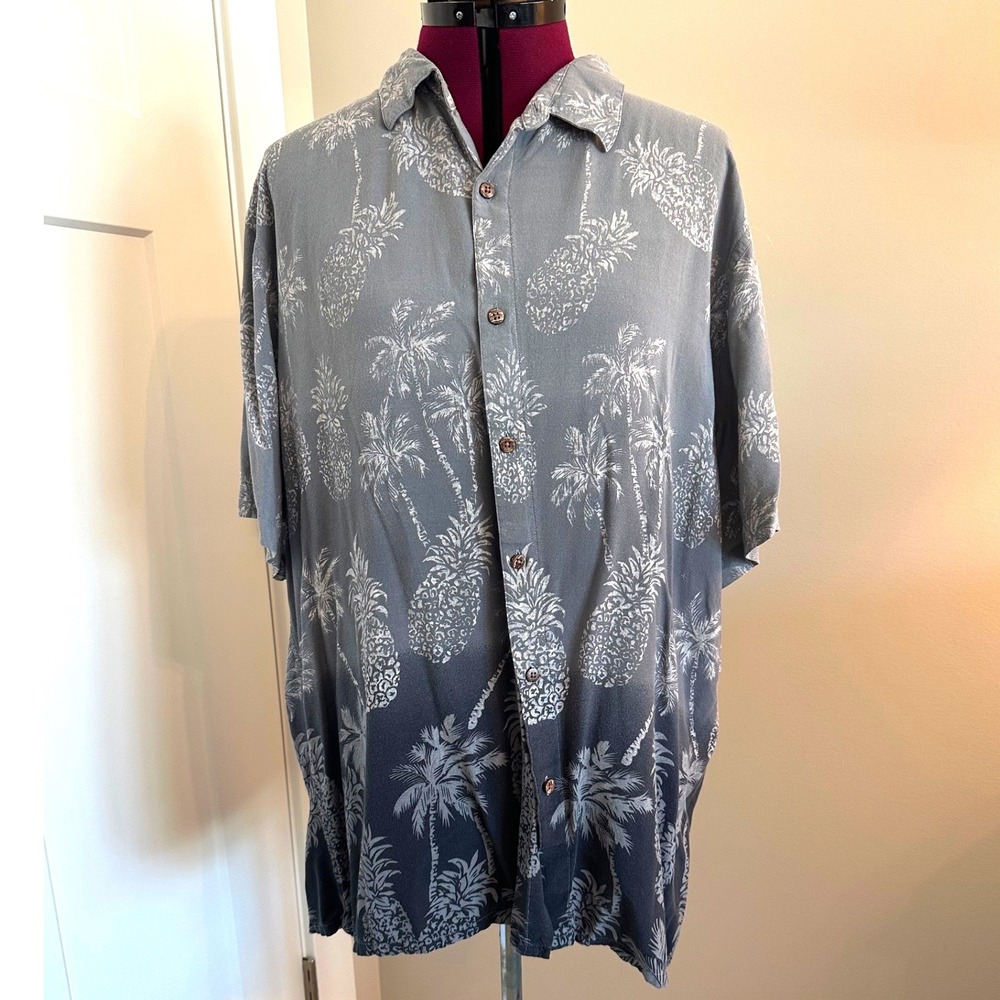 Campia Mens XXL Rayon Hawaiian Shirt Grey Navy Ombre Pineapple Palm Tree Print